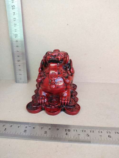 Chinese - Red Resin PI YAO (Lottery God) Sitting On Coins Red Resin Statue