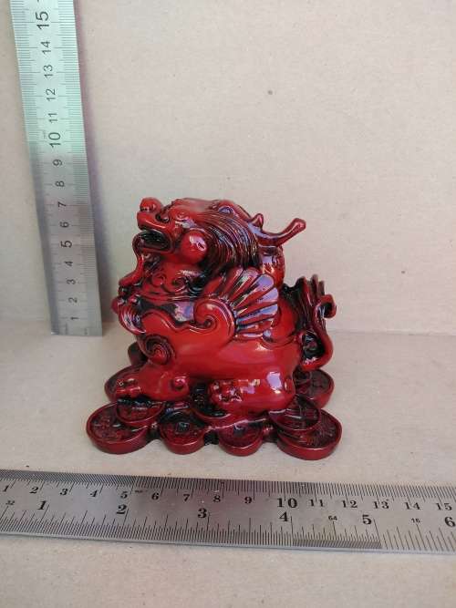Chinese - Red Resin PI YAO (Lottery God) Sitting On Coins Red Resin Statue