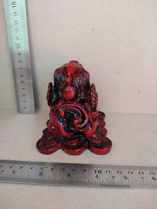 Chinese - Red Resin PI YAO (Lottery God) Sitting On Coins Red Resin Statue