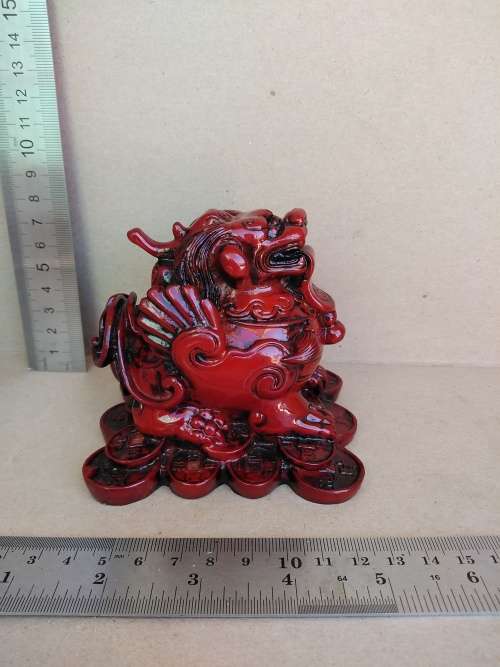 Chinese - Red Resin PI YAO (Lottery God) Sitting On Coins Red Resin Statue