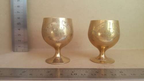 Vintage! Indian - Pair Of Brass Hand Etched Goblets