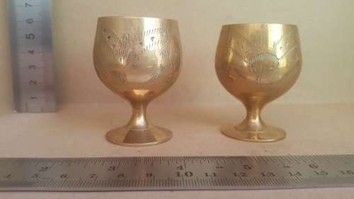 Vintage! Indian - Pair Of Brass Hand Etched Goblets