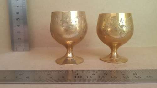 Vintage! Indian - Pair Of Brass Hand Etched Goblets