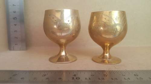 Vintage! Indian - Pair Of Brass Hand Etched Goblets