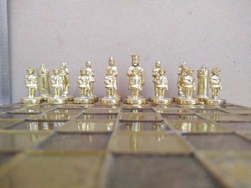 Vintage! Small Camelot Metal Chess Pieces by Italfama with Manopoulos Chess Board