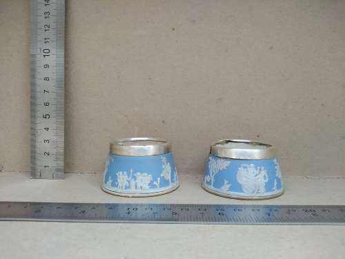 Antique! English Chester - Wedgewood Jasperware - Pale Blue Mustard Pots - Hallmarked Silver Mount