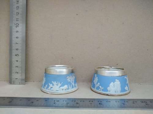 Antique! English Chester - Wedgewood Jasperware - Pale Blue Mustard Pots - Hallmarked Silver Mount