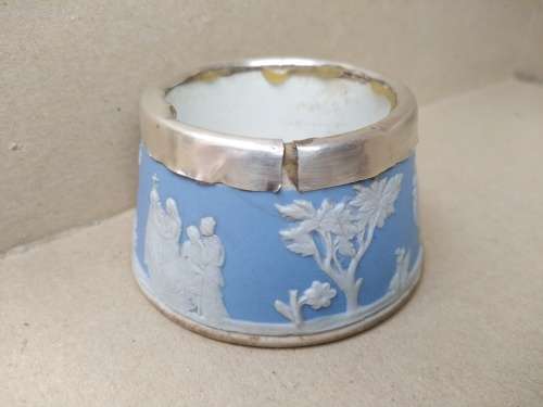 Antique! English Chester - Wedgewood Jasperware - Pale Blue Mustard Pots - Hallmarked Silver Mount