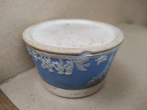 Antique! English Chester - Wedgewood Jasperware - Pale Blue Mustard Pots - Hallmarked Silver Mount