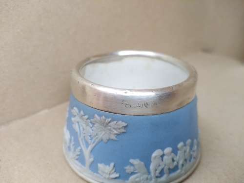 Antique! English Chester - Wedgewood Jasperware - Pale Blue Mustard Pots - Hallmarked Silver Mount