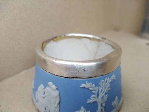 Antique! English Chester - Wedgewood Jasperware - Pale Blue Mustard Pots - Hallmarked Silver Mount