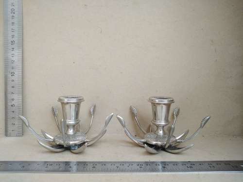 Vintage! Unique Pair Of Silver Water Lily / Lotus Flower Candle Holders