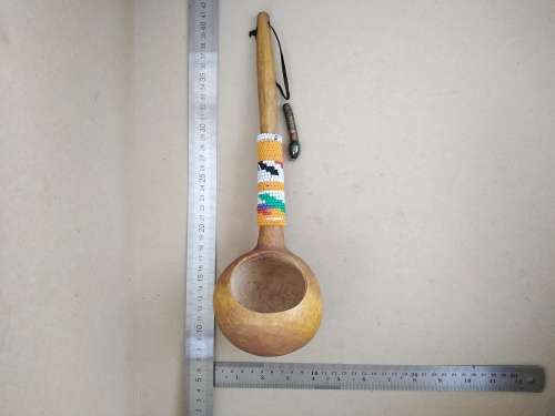 Africana! Traditional Zulu Hand Carved Ukhezo - Wooden Large / Deep Serving Spoon / Ladle - Beaded