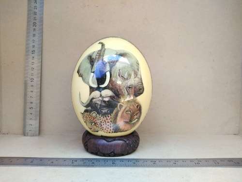 Africana! - Hand Made - Decoupage Ostrich Egg - Big Five (Signed) - With Wooden Stand