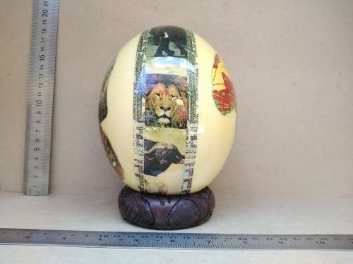 Africana! - Hand Made - Decoupage Ostrich Egg - Big Five (Signed) - With Wooden Stand