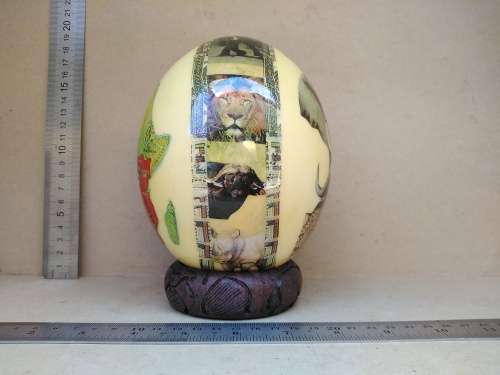 Africana! - Hand Made - Decoupage Ostrich Egg - Big Five (Signed) - With Wooden Stand