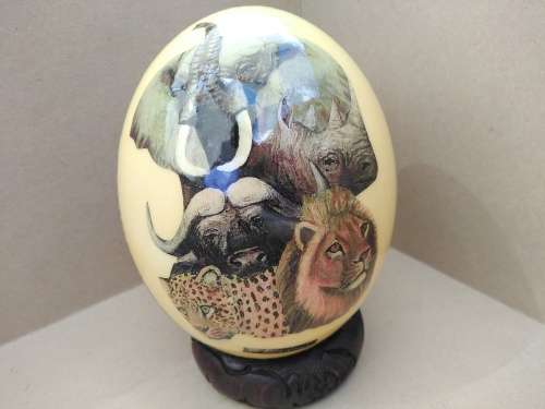 Africana! - Hand Made - Decoupage Ostrich Egg - Big Five (Signed) - With Wooden Stand