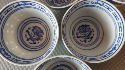 Vintage! Chinese - Dragon Pattern - JingDeZhen - Translucent Rice Eye - Set of 8 Rice Bowls
