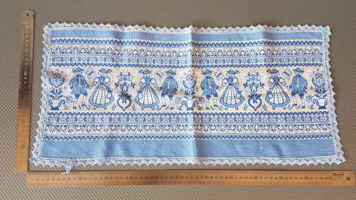 Vintage! - Austria Germany - Tapestry Table Runner - Artisan Folk Art Blue Design Fabric