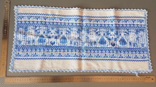 Vintage! - Austria Germany - Tapestry Table Runner - Artisan Folk Art Blue Design Fabric