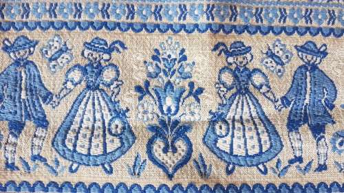 Vintage! - Austria Germany - Tapestry Table Runner - Artisan Folk Art Blue Design Fabric