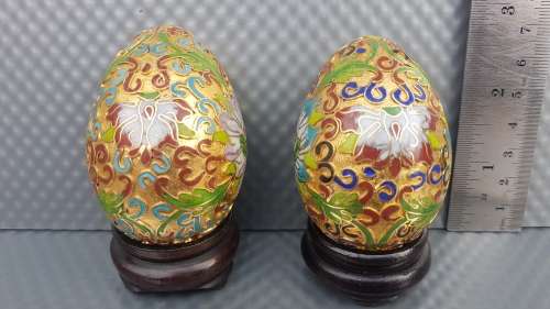 Vintage! Chinese Pair Of Cloisonné Enamel Eggs - Lotus Flower