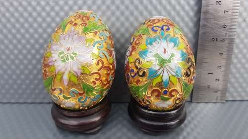 Vintage! Chinese Pair Of Cloisonné Enamel Eggs - Lotus Flower