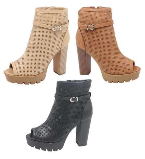 Ladies Perforated Peep Toe Chunky Heels | 3 Colours