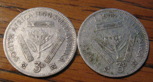 1944 3d. Three Pence Tickeys South African Coins