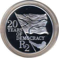 South Africa One Ounce Pure Silver Coin 20 Years of Democracy Proof R2