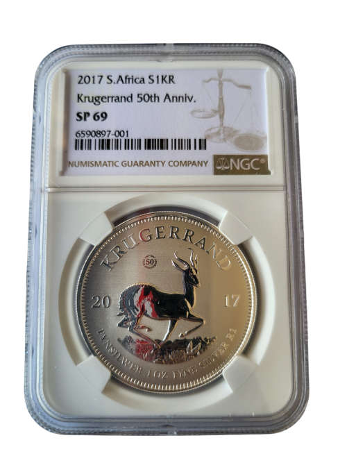 2017 Proof Silver South Africa Pure Silver Proof Krugerrand 50th Anniversary 1 Ounce NGC Graded SP69
