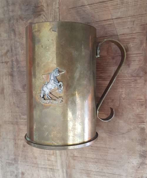 SADF Technical Services Corps bi/m Cap Badge on 90 mm Brass Shell Tankard-Major Norman