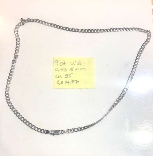 9K- Genuine 9 carat solid,Gents white Gold Necklace , Flat curb link  cm  55 long  - 5.0  mm wide