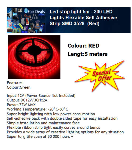 LED 3528 Strip light 5 Meters  WATERPROOF RED
