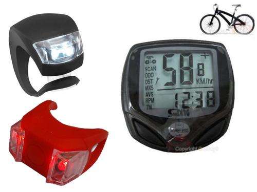 Wireless Bicycle LCD Computer Odometer Speedometer Plus white and red silicone tie on lights