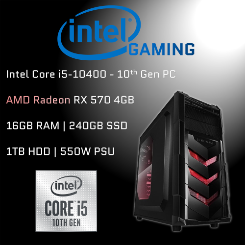 Intel Gaming Custom Budget i5-10400 PC | 16GB RAM | 240GB SSD | 1TB HDD | RX 570 4GB