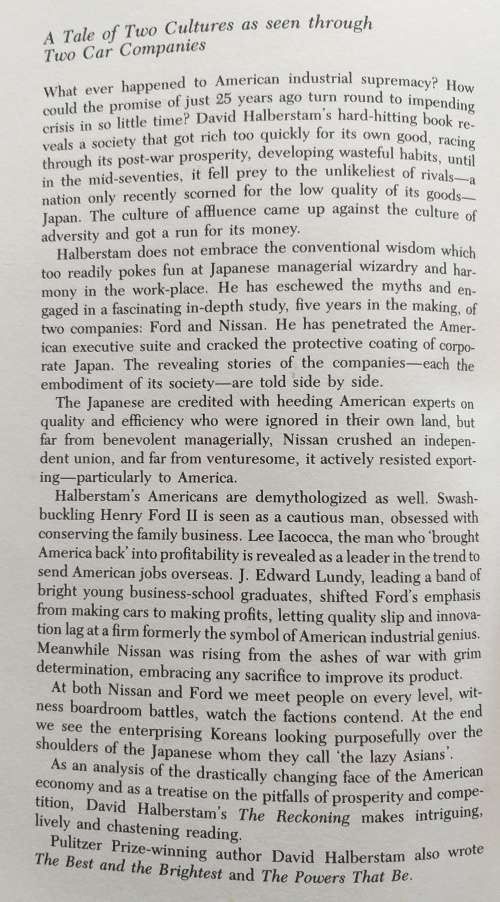 THE RECKONING - DAVID HALBERSTAM (Hardback) [Nissan vs Ford]