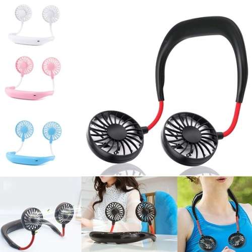 Wish Hands-free Neck Band Hanging USB Rechargeable Dual Fan Mini Air Cooler Summer Portable Neck Fa