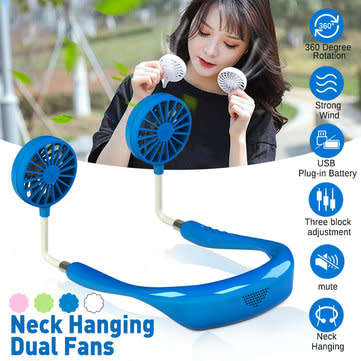 Wish Hands-free Neck Band Hanging USB Rechargeable Dual Fan Mini Air Cooler Summer Portable Neck Fa