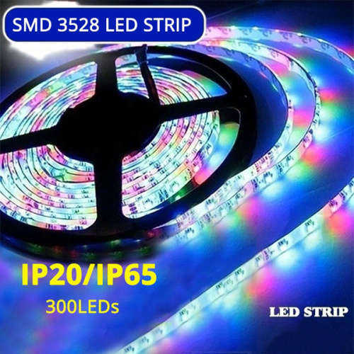 3528 RGB LED Strip Light With Power Adapter 300 LEDs/5m DC12V High Lumen Ribbon Lamp24 Key IR Remote