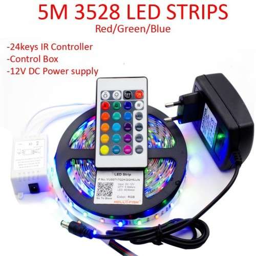 3528 RGB LED Strip Light With Power Adapter 300 LEDs/5m DC12V High Lumen Ribbon Lamp24 Key IR Remote