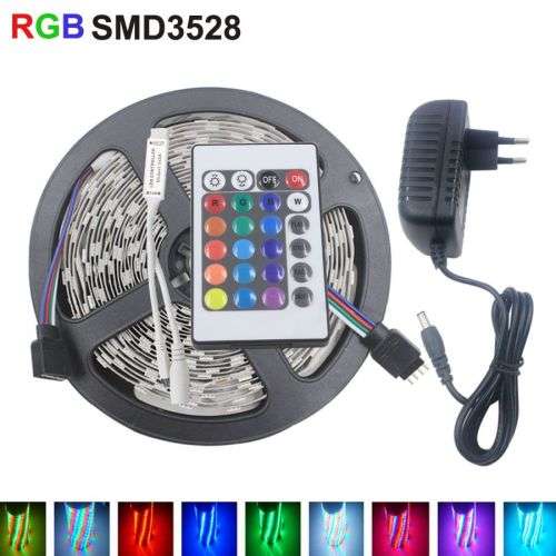 3528 RGB LED Strip Light With Power Adapter 300 LEDs/5m DC12V High Lumen Ribbon Lamp24 Key IR Remote