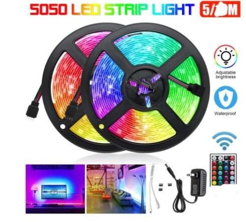 5M RGB Waterproof 5050 LED Strip Light 24 Key Remote Power Adapter DC12V forTV Home Wardrobe 16color