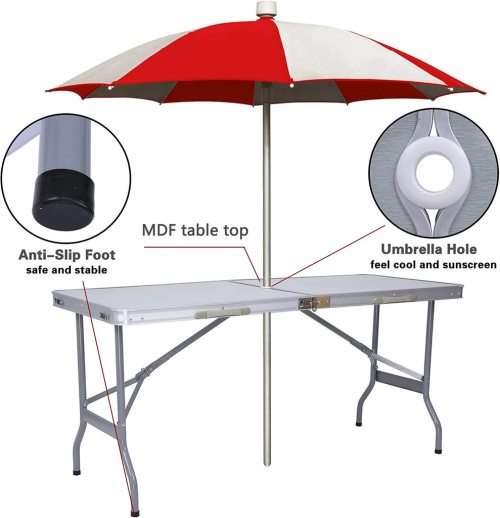 Portable Folding Aluminum Suitcase Table, Compact Camping Picnic Table with Umbrella Hole