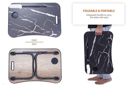 MARBLE BLACK WOOD Portable Laptop Table with Cup and Tablet Holder