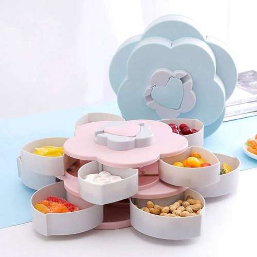 DOUBLE LAYER ROTATING SNACK BOX DRIED FRUIT PLATE ROTARY CANDY STORAGE PHONE HOLDER 10 COMPARTMENTS