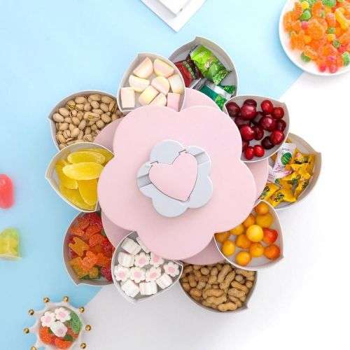 DOUBLE LAYER ROTATING SNACK BOX DRIED FRUIT PLATE ROTARY CANDY STORAGE PHONE HOLDER 10 COMPARTMENTS