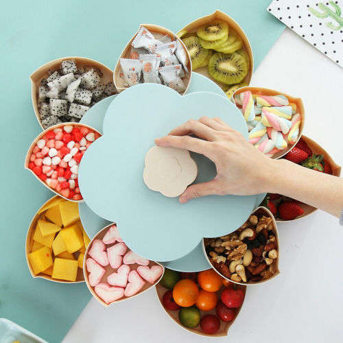 DOUBLE LAYER ROTATING SNACK BOX DRIED FRUIT PLATE ROTARY CANDY STORAGE PHONE HOLDER 10 COMPARTMENTS