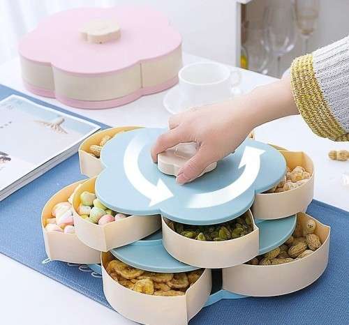 DOUBLE LAYER ROTATING SNACK BOX DRIED FRUIT PLATE ROTARY CANDY STORAGE PHONE HOLDER 10 COMPARTMENTS