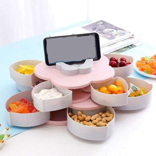 DOUBLE LAYER ROTATING SNACK BOX DRIED FRUIT PLATE ROTARY CANDY STORAGE PHONE HOLDER 10 COMPARTMENTS